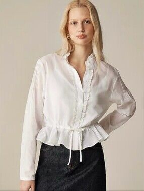 J.CREW White Lace-Trim Cinched-Waist Peplum Semi-Sheer Cotton Voile Button Top